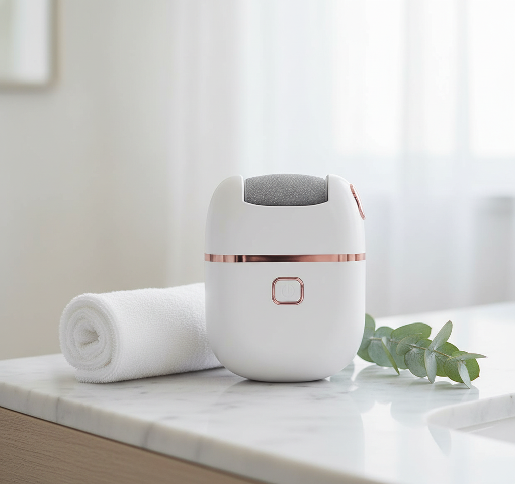 Electric Callus Remover on a clean bathroom vanity